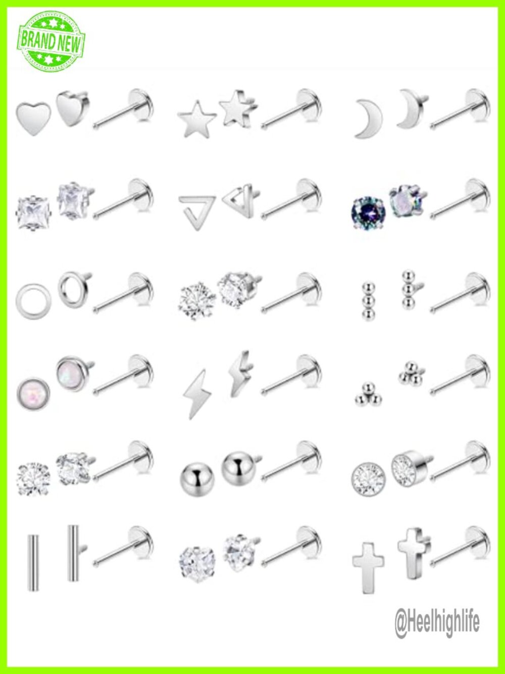18G Titanium Steel Flat Back Stud Earrings Set Hypoallergenic Cartilage 6MM 8MM